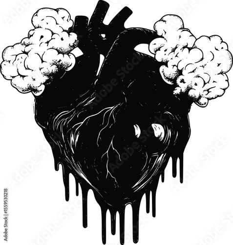 Melancholic Vector Illustration: Dripping Heart, Smoke, Dark Art Style