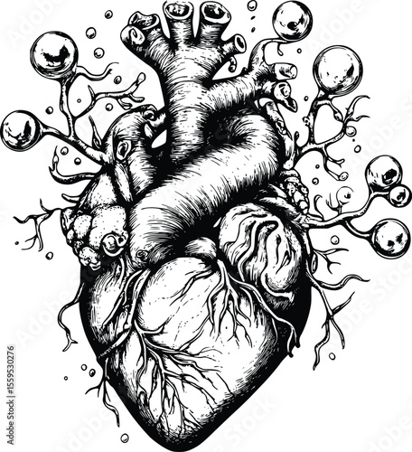 Intricate Vector Illustration: Dark Art Anatomical Heart with Bubbles