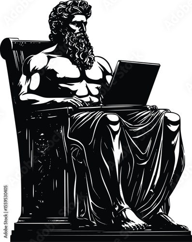Zeus Vector Illustration: Powerful, Monochromatic, Laptop-Using Statue