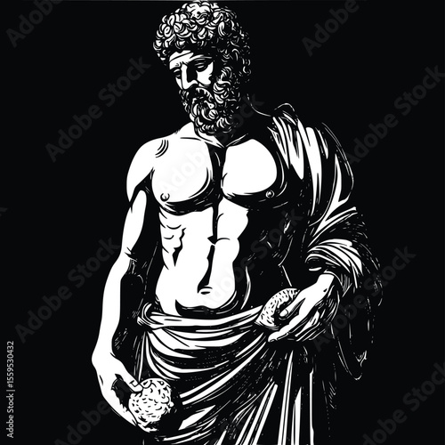 Powerful Vector Illustration: Muscular Greek God Statue, Dramatic Monochrome