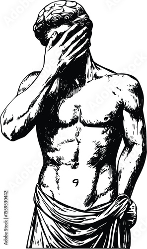 Vector illustration: Regretful muscular male statue, hand covering face, dramatic sketch.