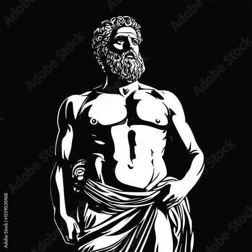 Powerful Vector Illustration: Ancient Greek God Statue, Dramatic Monochrome