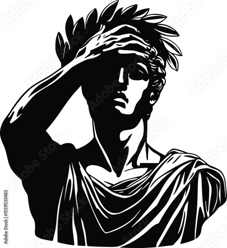 Vector illustration: Dramatic Roman bust, laurel wreath, hand to forehead, somber mood, elegant style.
