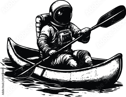 Astronaut paddling canoe: dramatic vector illustration, woodcut style