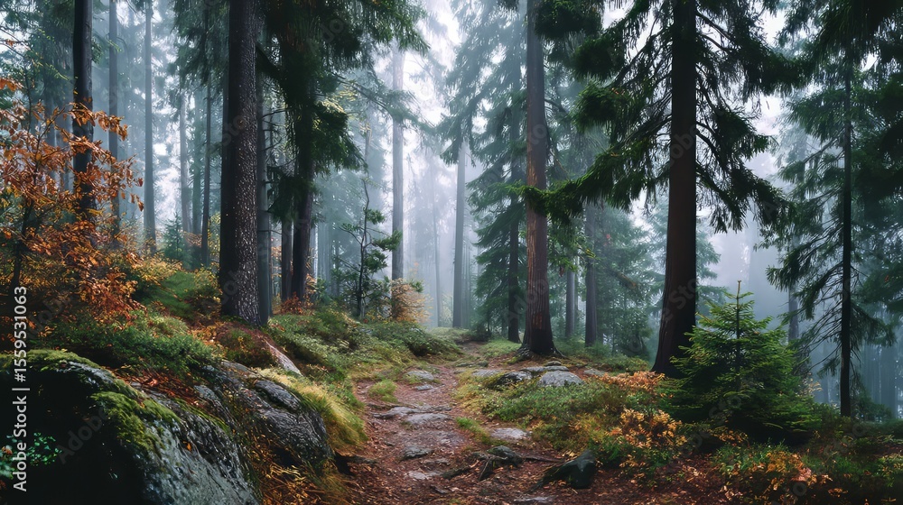 Fototapeta premium Serene Misty Forest Pathway Surrounded by Tall Evergreen Trees and Foliage