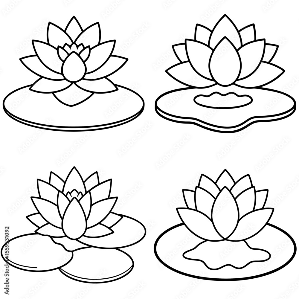 Obraz premium Water Lily with Pond Icon – Nature Line Art, Outline Vector Illustration