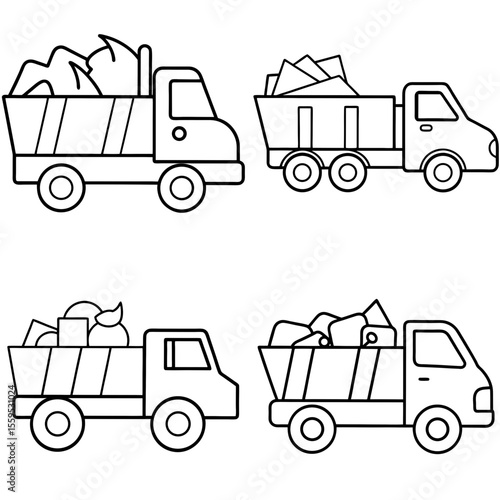 Truck Carrying Junk Icon – Waste Transport Line Art, Outline Vector Illustration