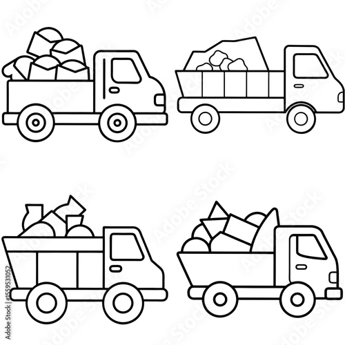 Truck Carrying Junk Icon – Waste Transport Line Art, Outline Vector Illustration