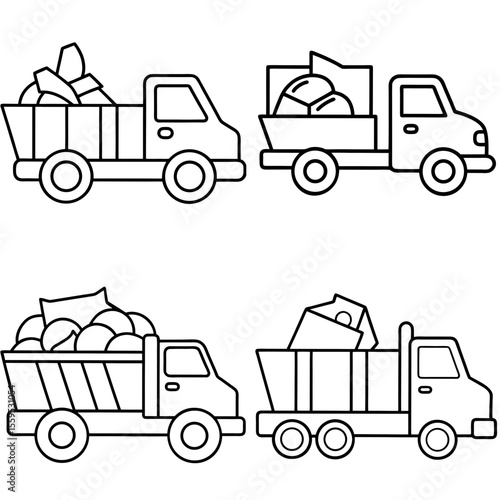 Truck Carrying Junk Icon – Waste Transport Line Art, Outline Vector Illustration