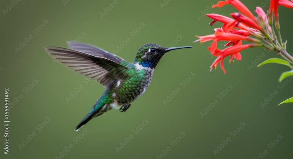 Fototapeta premium Vibrant hummingbird in flight, approaching a cluster of scarlet flowers