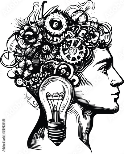 Vector illustration: Steampunk head profile, intricate gears, lightbulb idea.