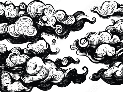 Intricate Vector Clouds: Dramatic Swirling Ink Design, Seamless Pattern