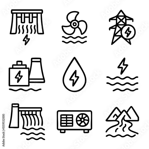 A set of doodle line icons representing hydroelectric energy, water turbines, dams, renewable power sources, and hydro systems in electricity generation