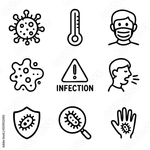 A set of doodle line icons showing virus infection, disease symptoms, germs, protective measures, temperature checks, and contamination risks