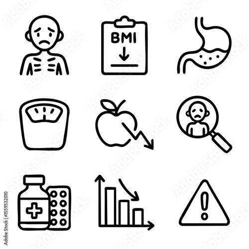 A set of doodle line icons representing malnutrition, underweight, low BMI, appetite loss, health risks, and medical concerns