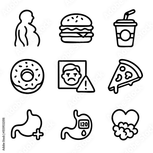A set of doodle line icons representing obesity, fast food, high sugar intake, poor nutrition, and related health risks like diabetes and heart issues