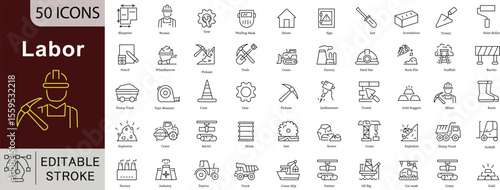 Labor Line Icons: Worker, Mining, Construction and Tools Vector Set. Editable Stroke