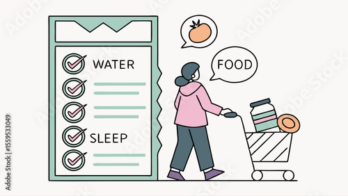 A person with a shopping cart filled with groceries walks past a checklist of essential healthy habits like drinking water and getting enough sleep