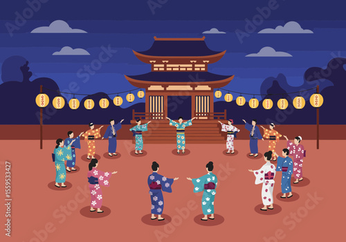 People in yukatas performing Bon Odori dance at a Japanese Obon summer festival.