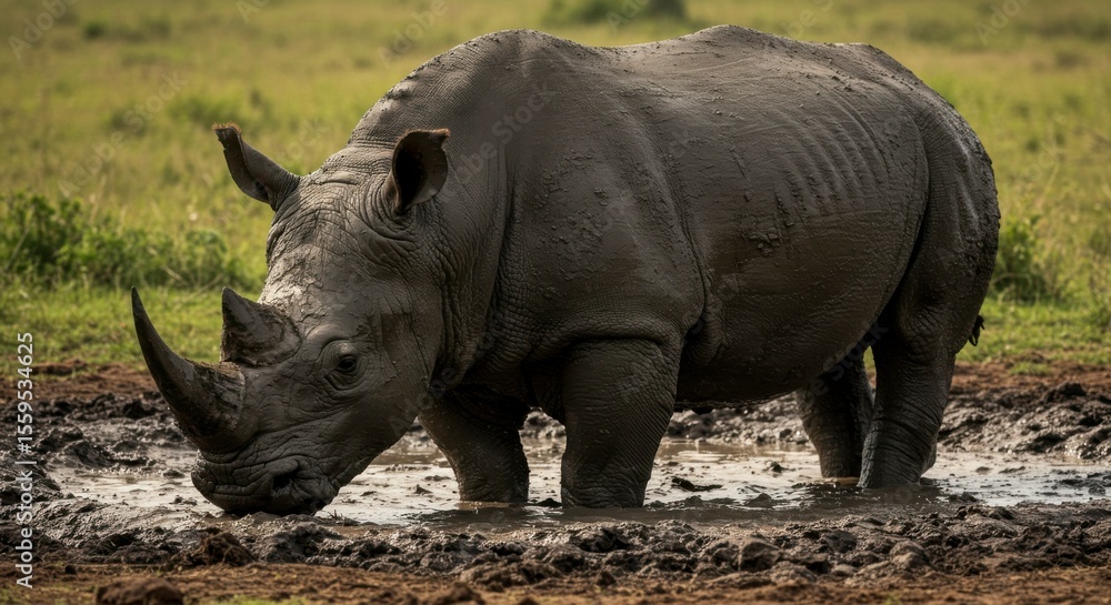 Fototapeta premium Large rhinoceros wading in a muddy pool in a grassy savanna