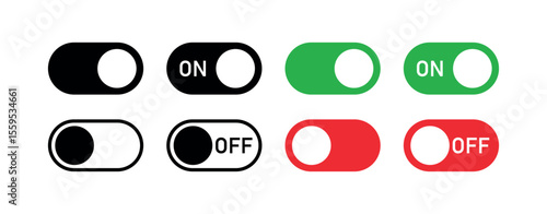 On Off Slider Control Icons. Vector UI Buttons in Black, Green and Red, Solid and Outline Variants