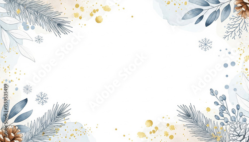 Winter background vector. Hand painted watercolor and gold brush texture, Flower and botanical leaves hand drawing. Abstract art design for wallpaper, wall arts, cover, wedding and invite card