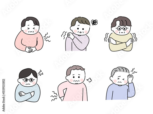 ゆるかわいい手描き風の高齢男性／体と心の不調