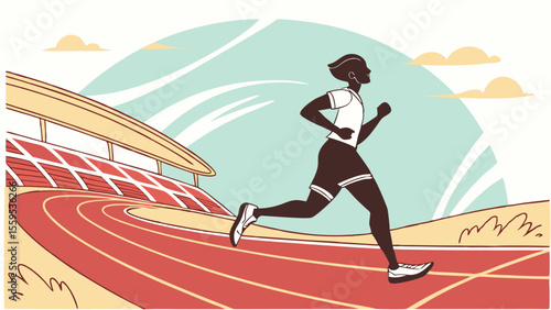 Woman Runner on Track Stadium Vintage Illustration Athletic Sport Running Competition Graphic Design