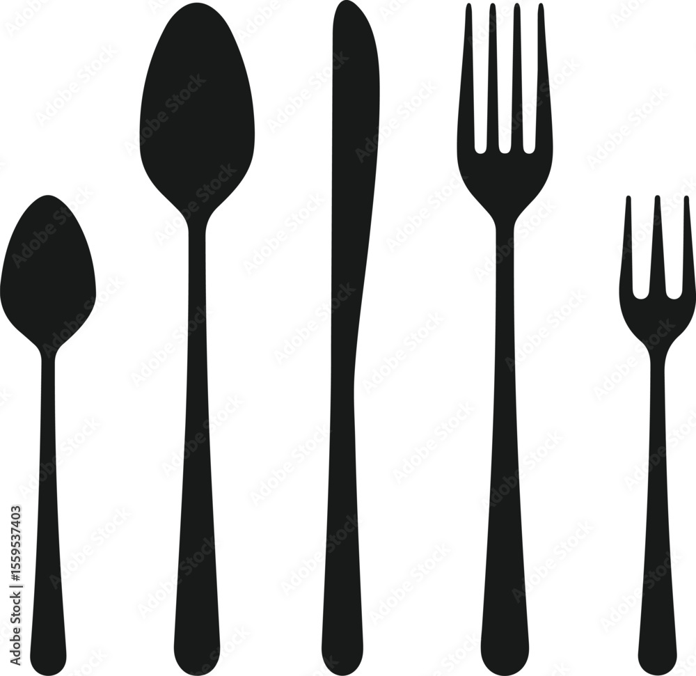 Black silhouette of dining cutlery including spoons and forks and a knife Black silhouette of dining cutlery including spoons and forks and a knife