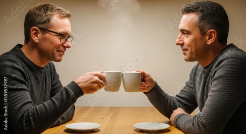 Two men clinking mugs together at a table in a neutral setting with plates and steam rising above