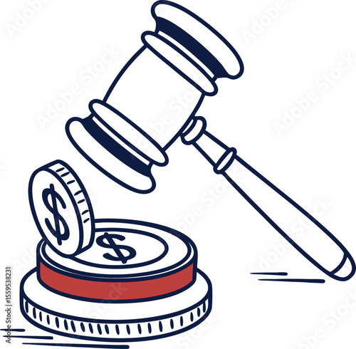 A stylized illustration of a gavel poised to strike a stack of coins with dollar signs symbolizing financial justice or legal decisions impacting money