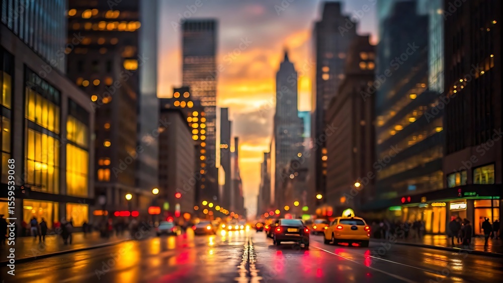 Fototapeta premium New york city street scene at dusk with yellow taxi cabs and glowing buildings