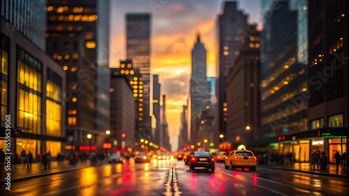 New york city street scene at dusk with yellow taxi cabs and glowing buildings