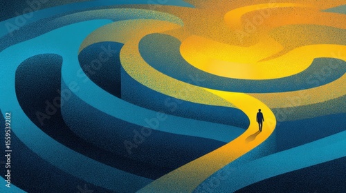 A person walks through a bright yellow path in a dark, complex maze, symbolizing guidance and finding direction amidst confusion.