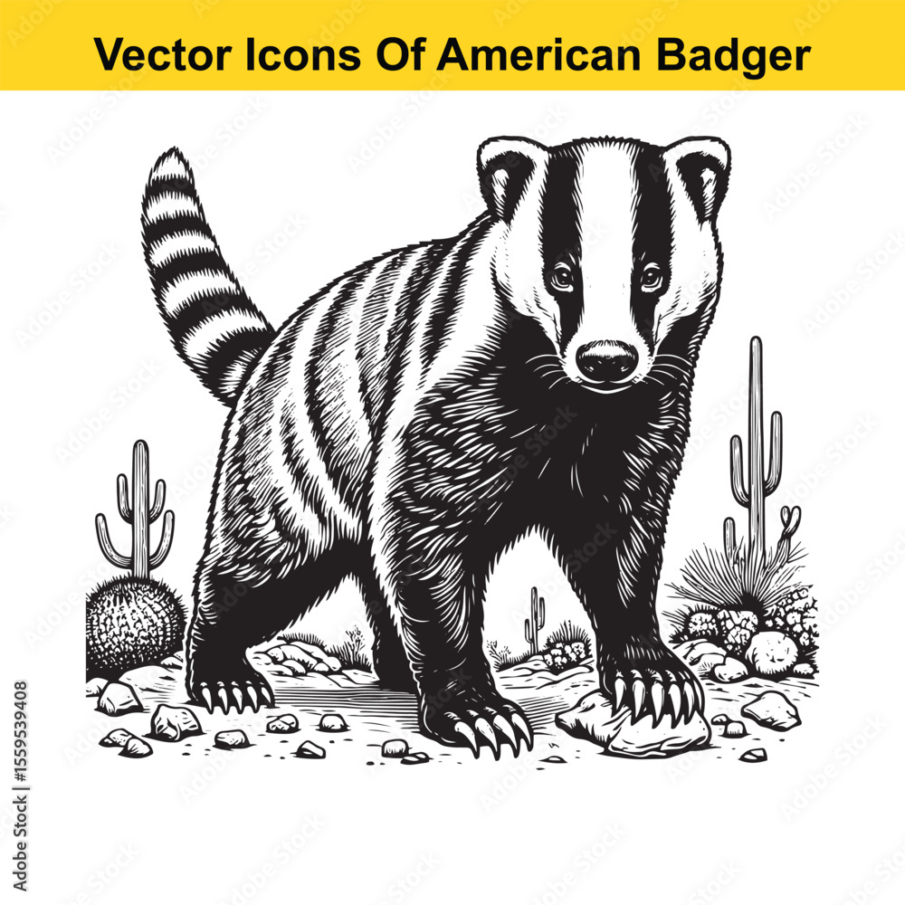 Fototapeta premium American Badger Black and White Cartoon – Bold Line Art Vector for Tracing or Coloring