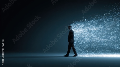 A silhouette of a person walking while dissolving into digital particles, symbolizing transformation or digital disintegration against a dark background.