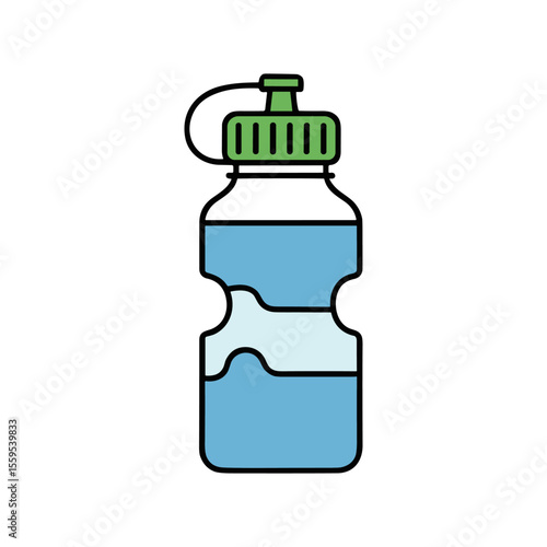 Illustration of a water bottle with a green cap, containing blue liquid.
