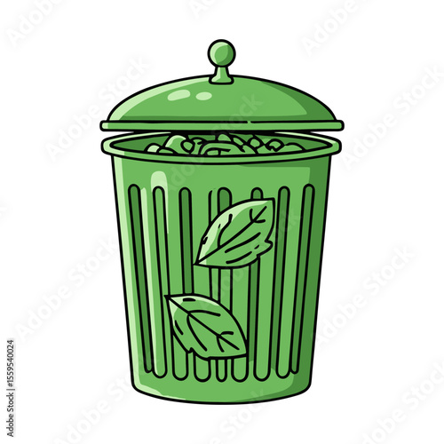 Green compost bin overflowing with organic waste, leaves adorn the side.