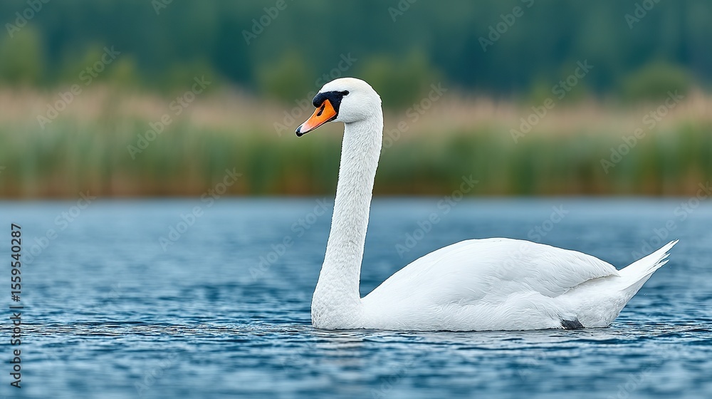 Fototapeta premium Elegant white swan gracefully gliding on a tranquil lake.