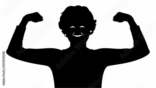 Silhouette of a strong older woman flexing her biceps with a happy smile and curly hair showing power