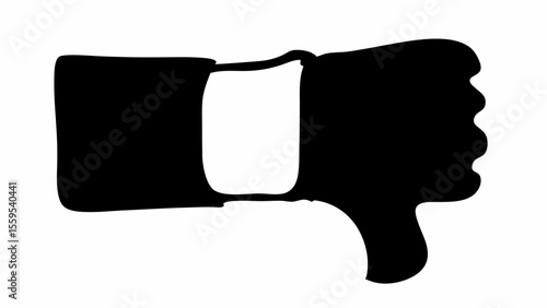 A black and white graphic of a hand giving a thumbs down gesture with a rectangular wrist adornment silhouette
