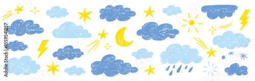 Crayon hand drawn pencil cloud element set. Hand drawn pastel crayon pencil stroke star, cloud, sun elements. Cute baby color sky elements school background with chalk texture. Vector illustration