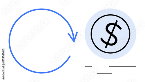 Blue circular arrow flowing into a dollar sign inside a circle. Ideal for finance, investment, economy, cash flow, payment systems, business, wealth creation. Clear and simple flat metaphor