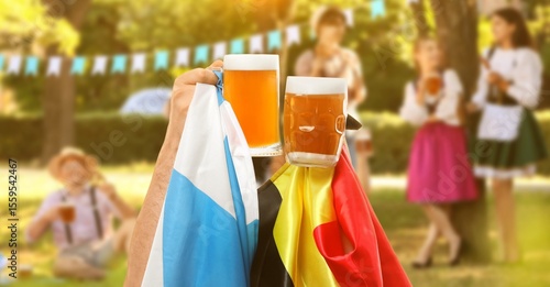 People with beer and flags ...