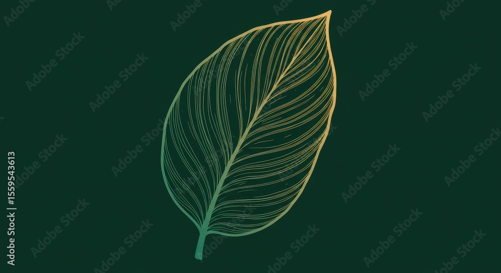 Obraz premium Photo of a simple line art illustration of a single leaf, with a gradient of gold and green hues against a dark background