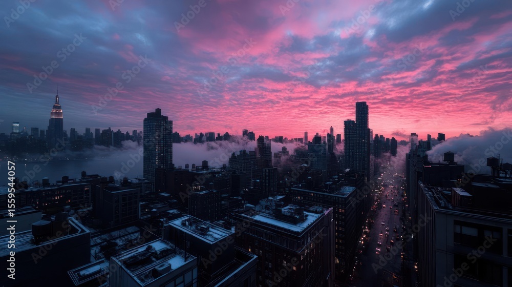 Obraz premium Dramatic City Skyline Under Pink And Purple Sunset Sky Over Mist Covered City