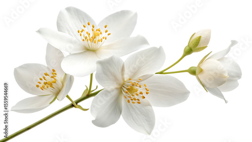 Fototapeta Naklejka Na Ścianę i Meble -  Flying a beautiful white flower of jasmine falling isolated on a white background PNG. AI GENERATED.
