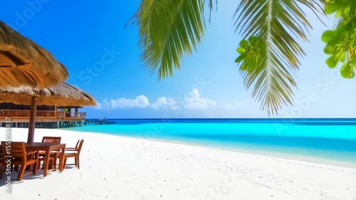 Idyllic tropical resort footage features a white sand beach, turquoise ocean, thatch roof umbrellas, tables and wooden furniture.