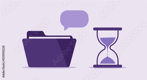 Document Processing Time or Data Loading Concept. Illustration of document processing time with a file folder, hourglass, and empty speech bubble. Conveys pending tasks or loading status.