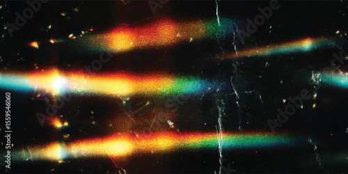 Vector seamless pattern, Crystal rainbow light leaks photo overlay background with lens flare effect, scratches dust dirty film grain texture with heavy noise, grunge texture, distressed damaged film